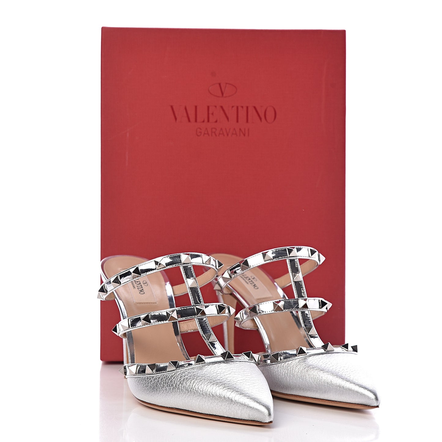 Metallic Pebbled Calfskin Rockstud 90mm Cage Mules 40 Silver