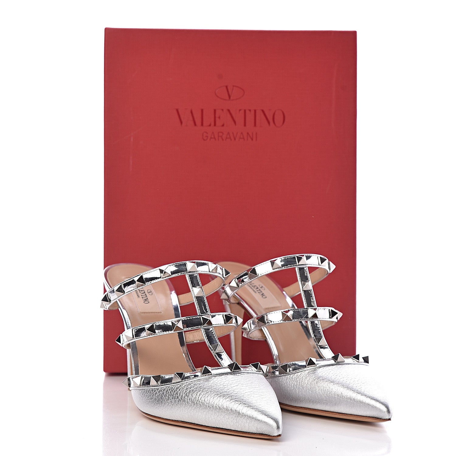 Valentino Garavani Metallic Pebbled Calfskin Rockstud 90mm Cage Mules 40 Silver 9 of 9