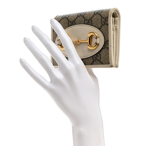 GG Supreme Monogram Azalea Calfskin Horsebit 1955 Card Case Wallet Beige Ebony Mystic White