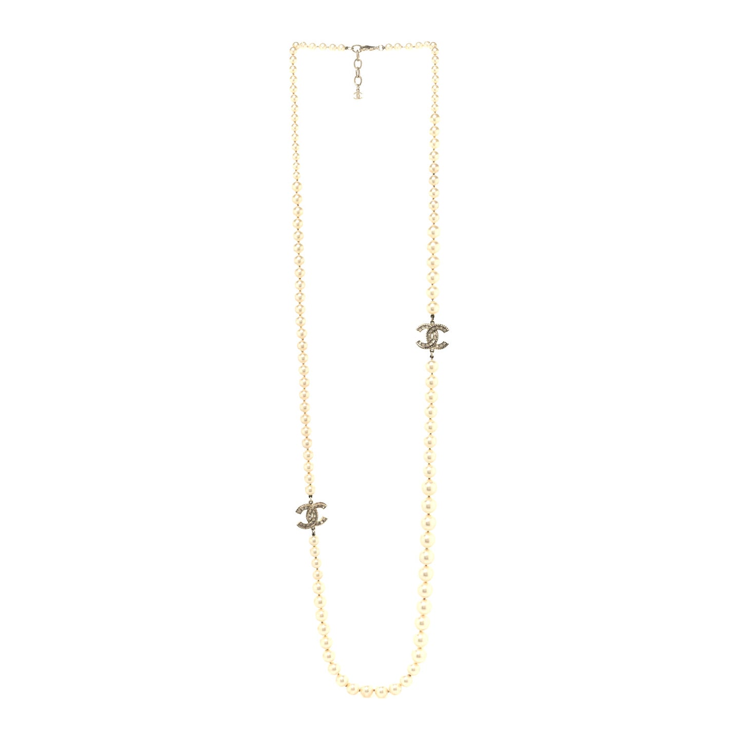 Graduated Pearl Crystal CC Long Necklace White
