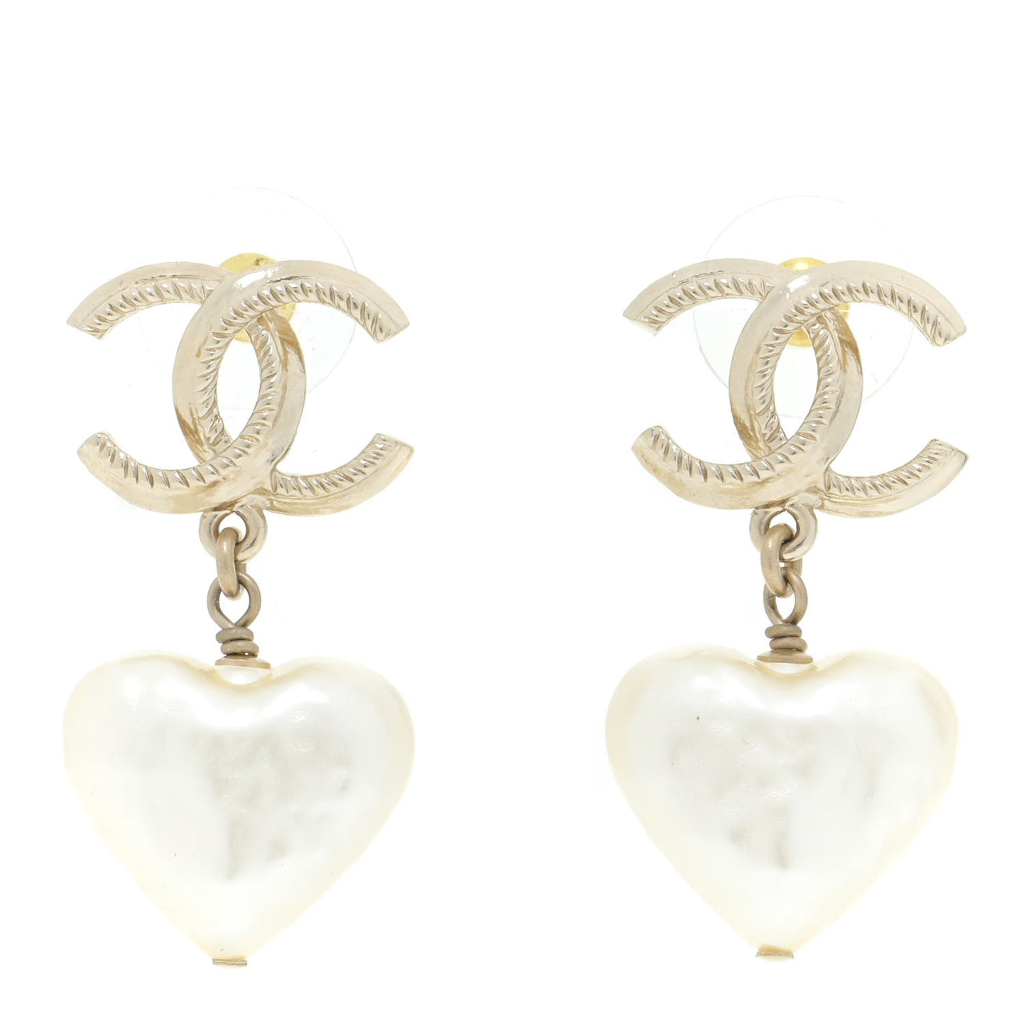 Pearl CC Heart Drop Earrings Gold