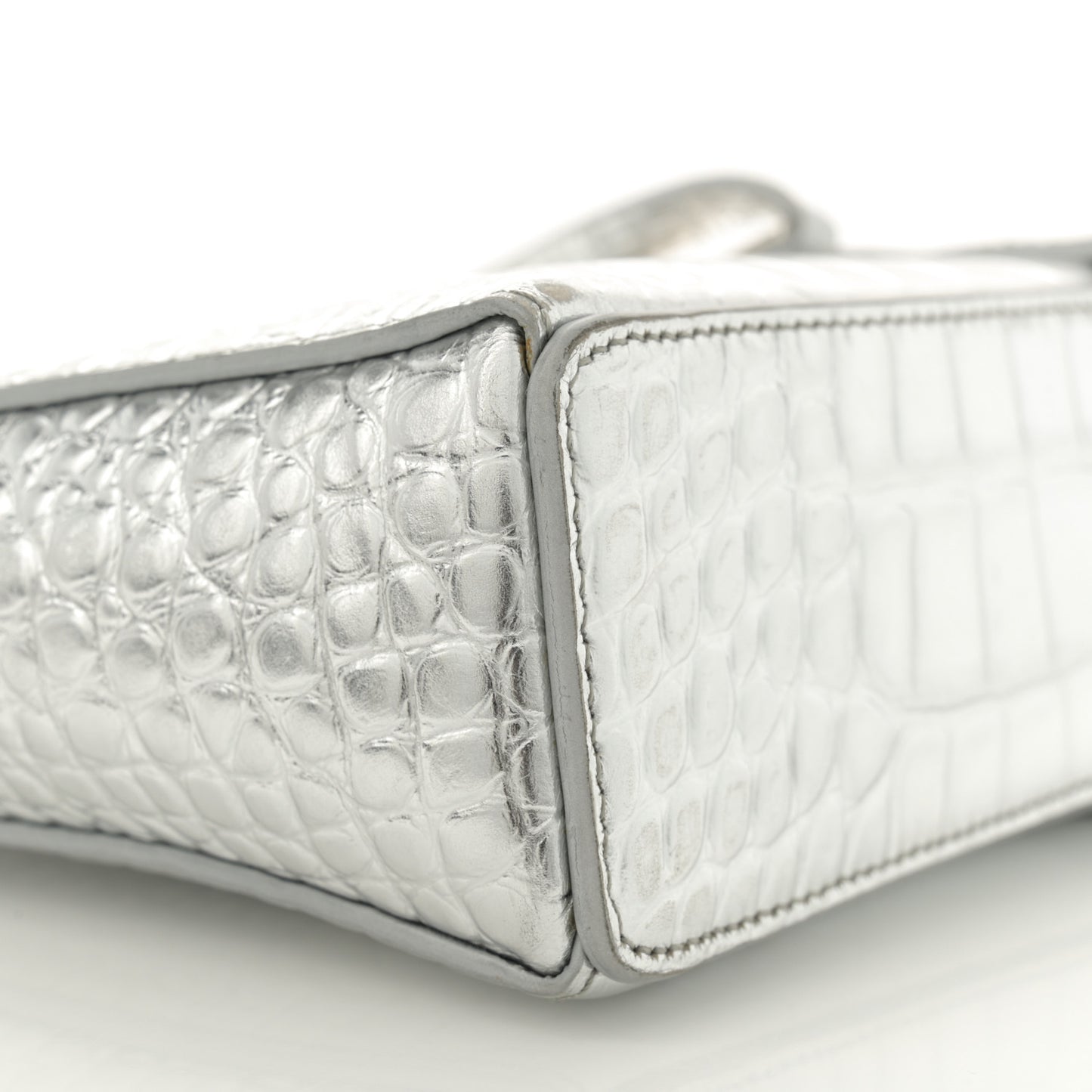 Metallic Calfskin Croc Embossed Small Cut Out Shoulder Bag Silver