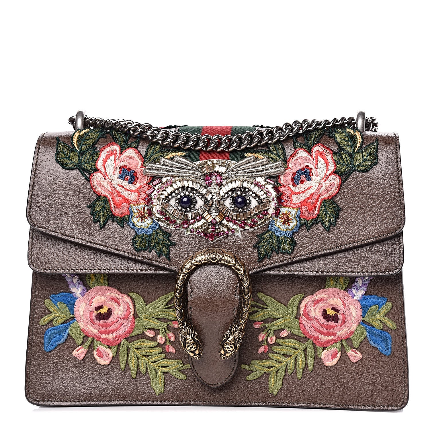 Gucci Calfskin Web Owl Embroidered Medium Dionysus Shoulder Bag New Acero Multicolor 1 of 13