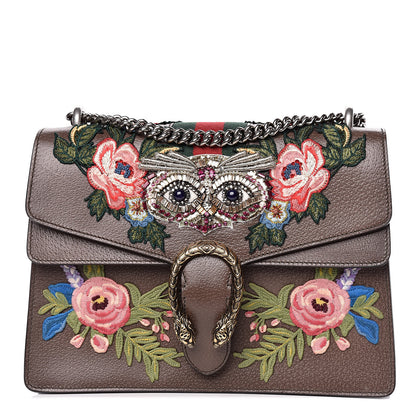 Gucci Calfskin Web Owl Embroidered Medium Dionysus Shoulder Bag New Acero Multicolor 1 of 13