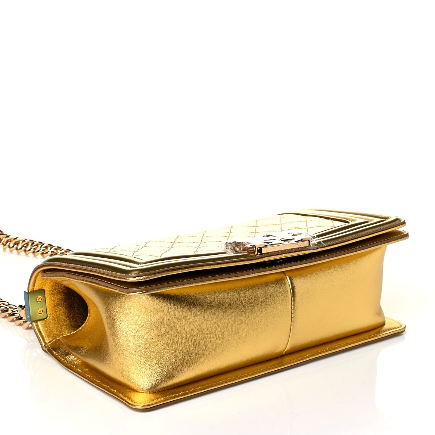 Metallic Patent Calfskin Quilted Medium Boy Flap Gold