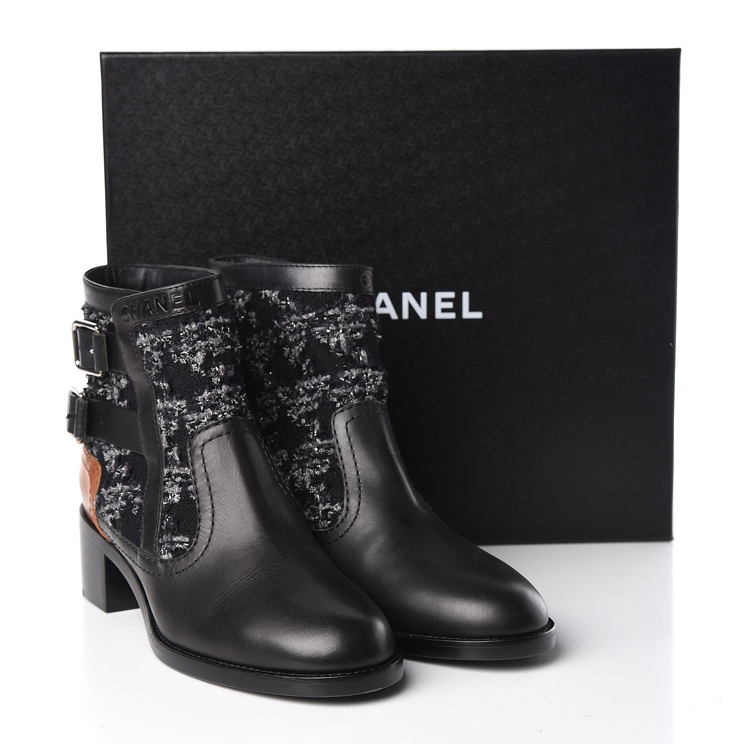 Chanel Tweed Lambskin Short Boots 38 Black Grey 11 of 11