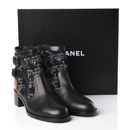 Chanel Tweed Lambskin Short Boots 38 Black Grey 11 of 11