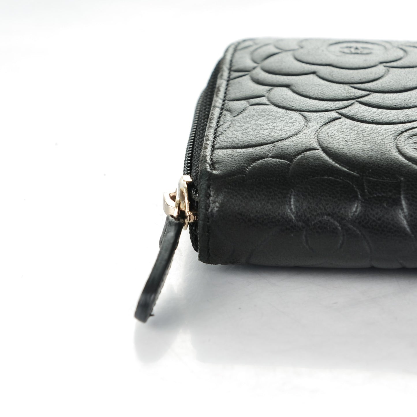 Lambskin Camellia Embossed Large Zip Around Gusset Wallet Black