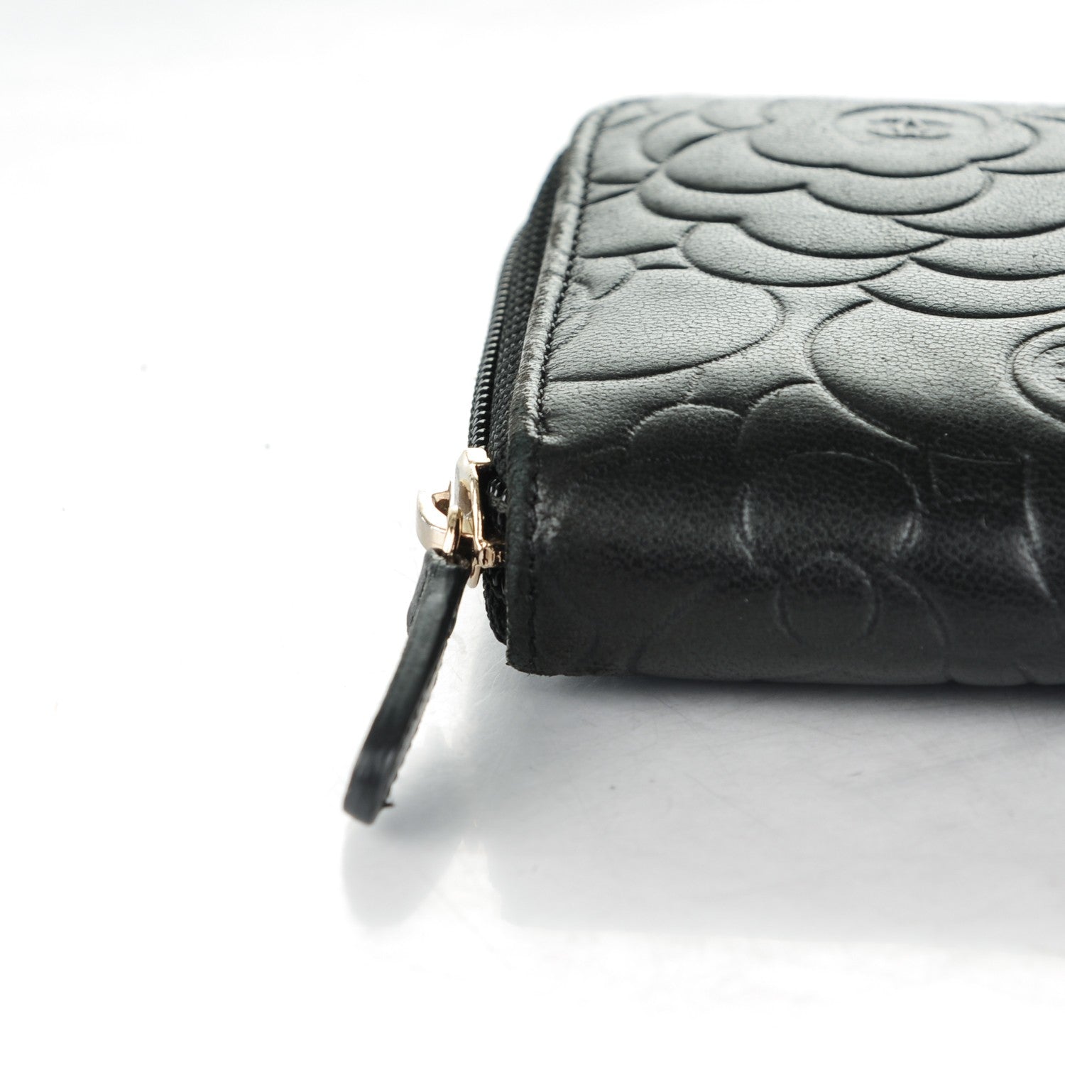 Chanel Lambskin Camellia Embossed Large Zip Around Gusset Wallet Black 11 of 13