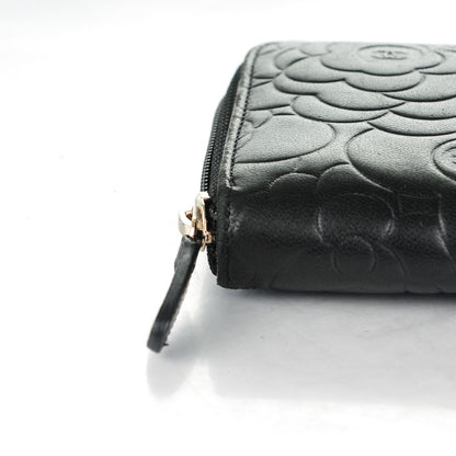 Chanel Lambskin Camellia Embossed Large Zip Around Gusset Wallet Black 11 of 13