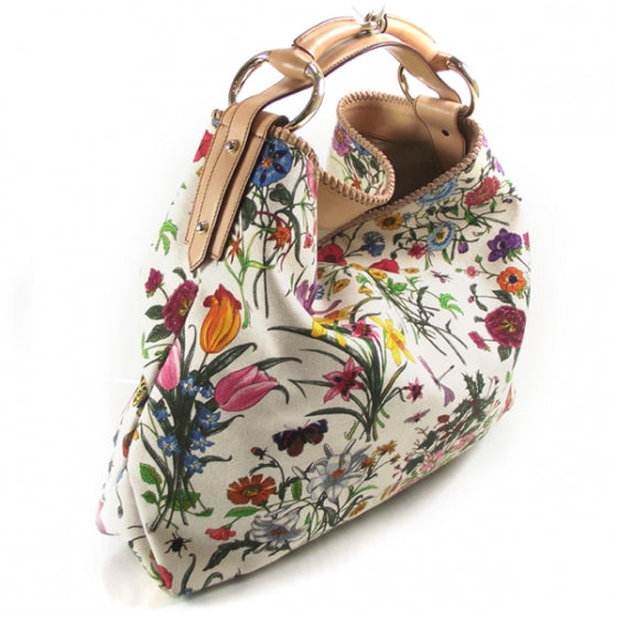 Canvas Flora Floral Large Horsebit Chain Hobo White