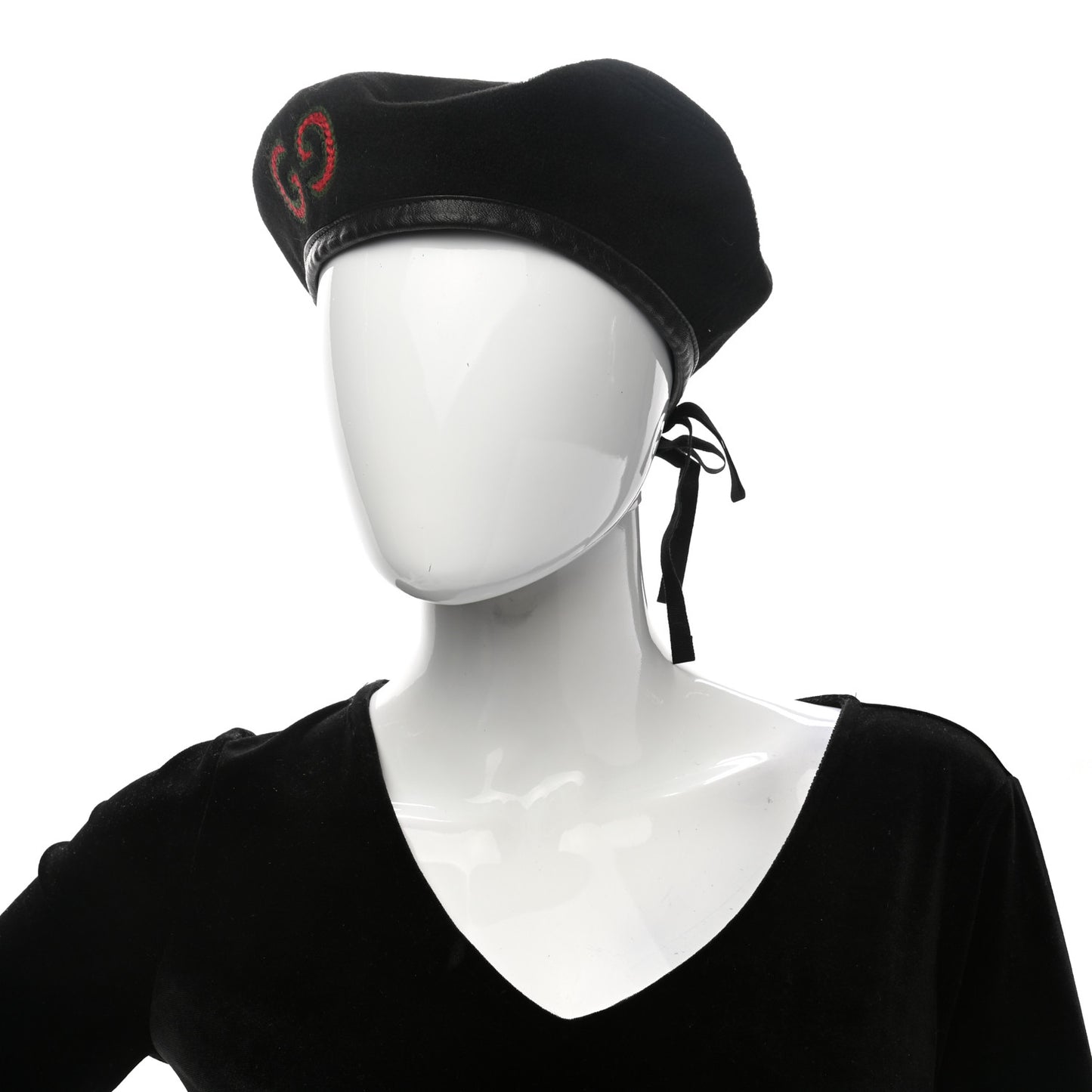 Felt Embroidered GG Patch Beret Hat L Black