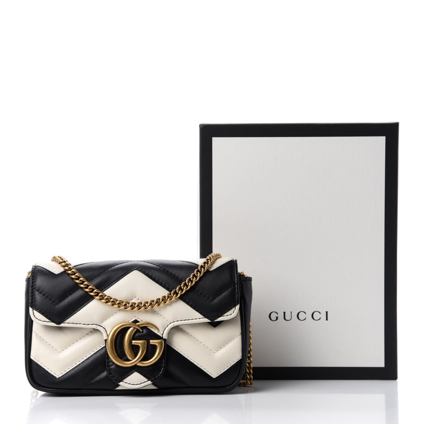 Calfskin Matelasse Super Mini GG Marmont Shoulder Bag Black White
