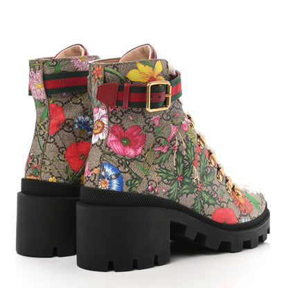 Gucci GG Supreme Monogram Flora Lace Up Combat Ankle Boots 36 Beige Multicolor Red 4 of 9