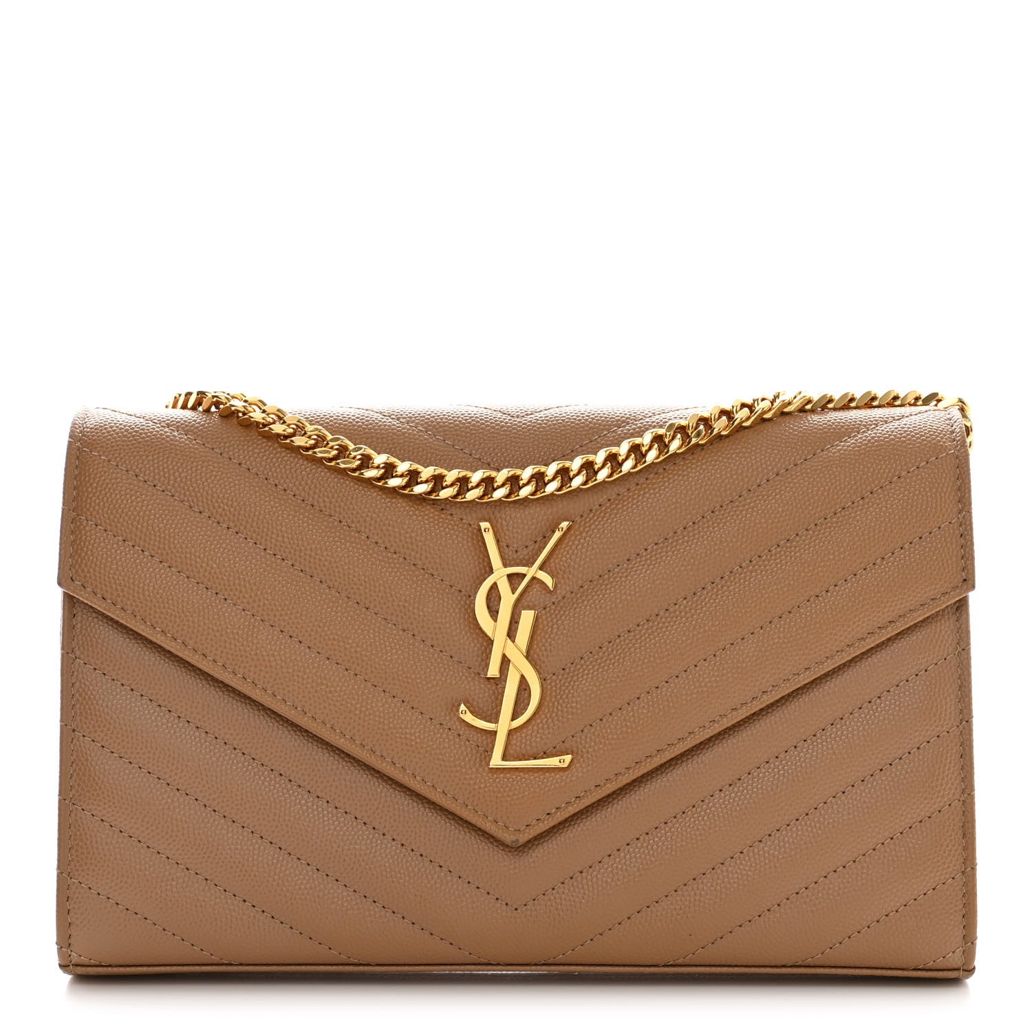 Saint Laurent Grain De Poudre Matelasse Chevron Monogram Chain Wallet Dark Natural 1 of 13