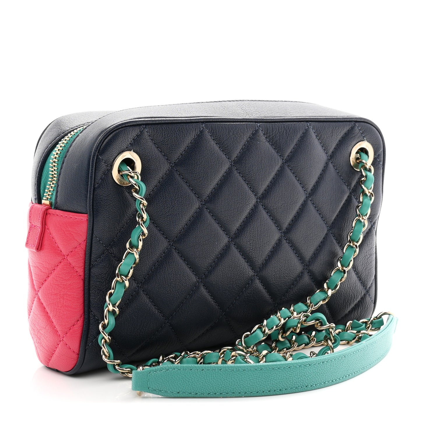 Goatskin Quilted Tri-Color Small In & Out Camera Case Navy Turquoise Pink