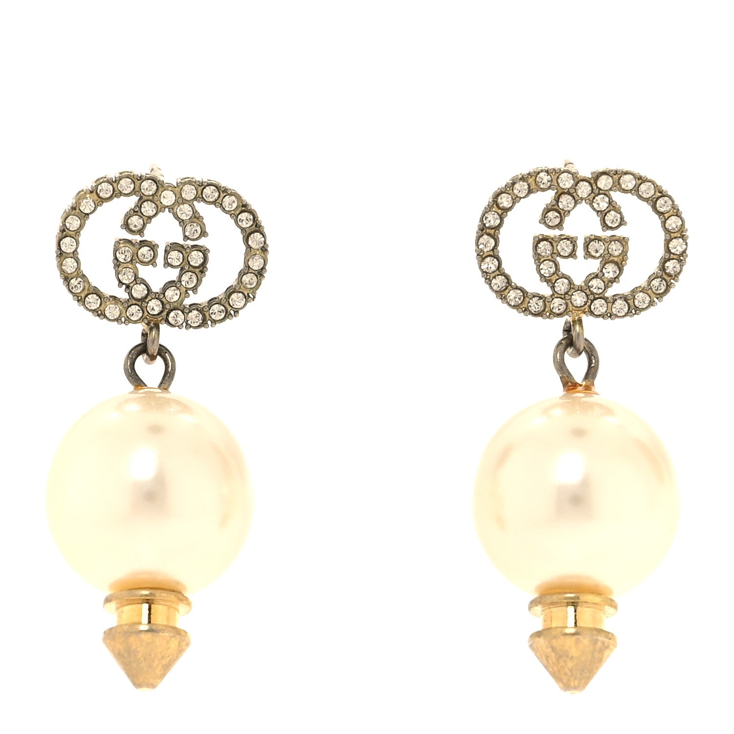 Gucci Metal Crystal Pearl Interlocking G Earrings Shiny Gold 1 of 4