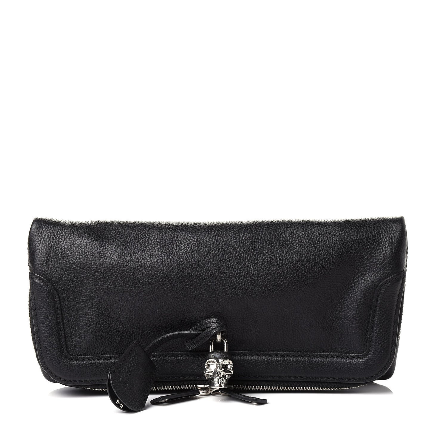Grainy Calfskin Padlock Skull Clutch Black