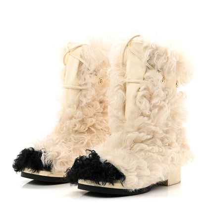 Chanel Shearling Sheepskin High Boots 37.5 Ivory Black 3 of 10