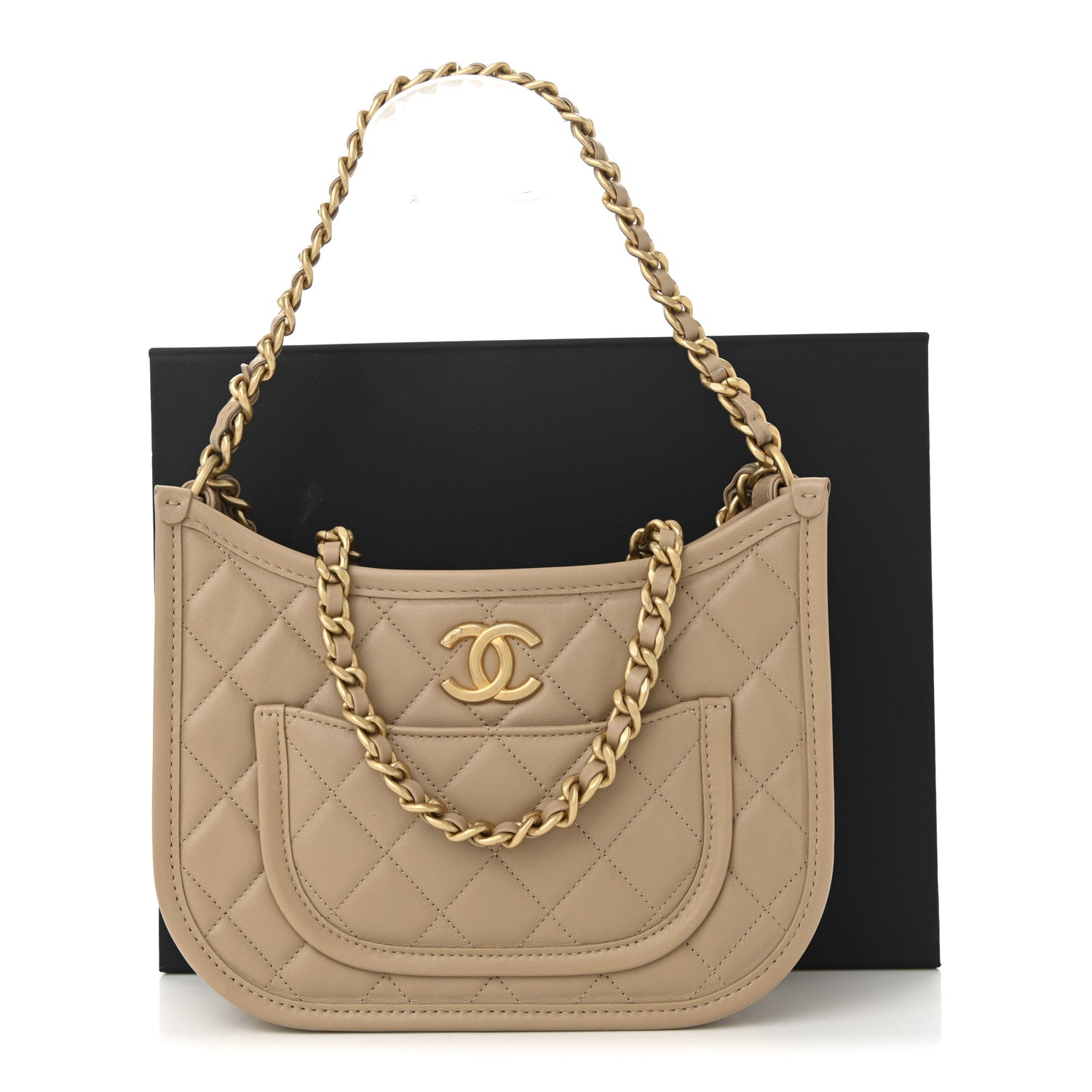 Chanel Calfskin Quilted CC Hobo Handbag Beige 11 of 11
