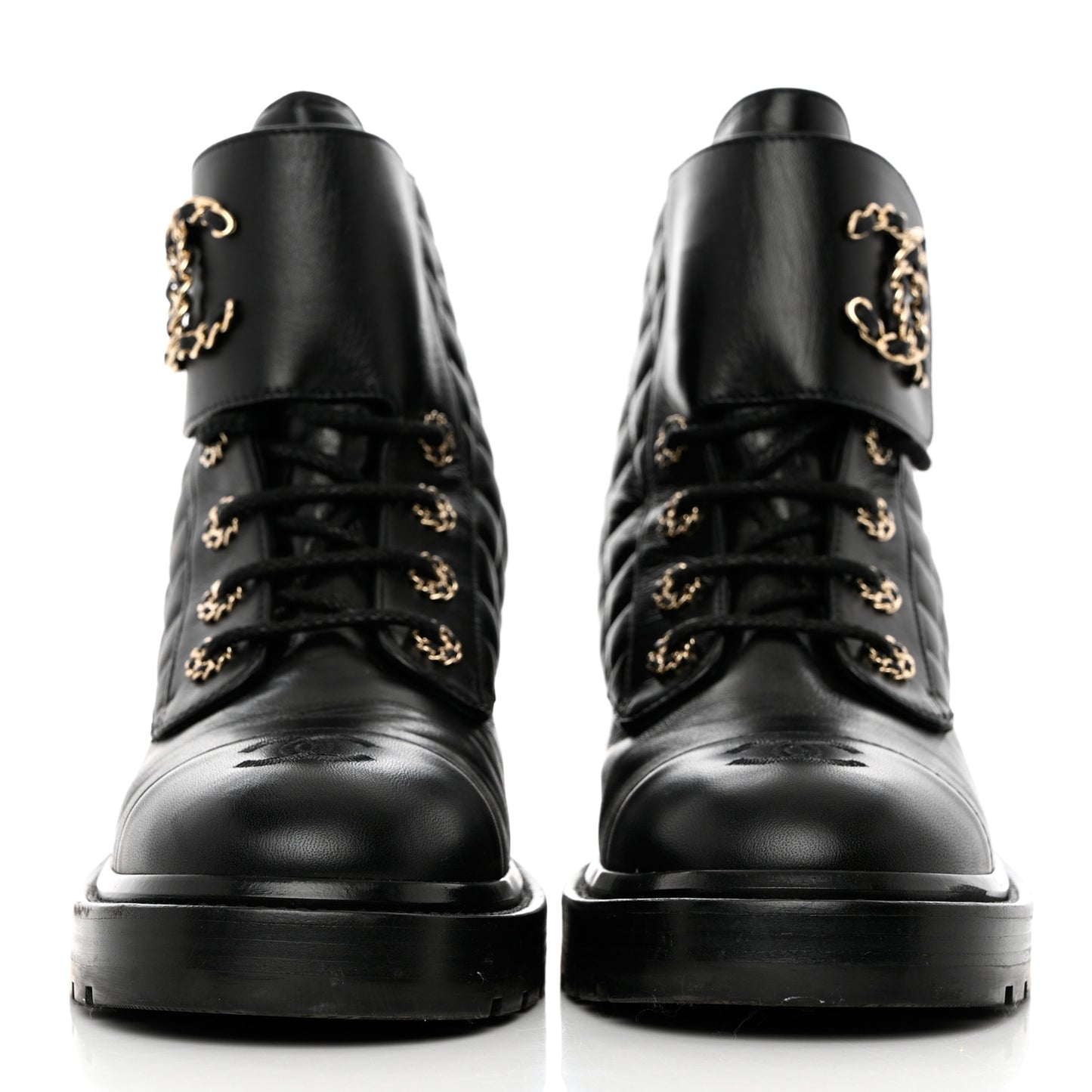 Shiny Calfskin Quilted Lace Up Combat Boots 41 Black
