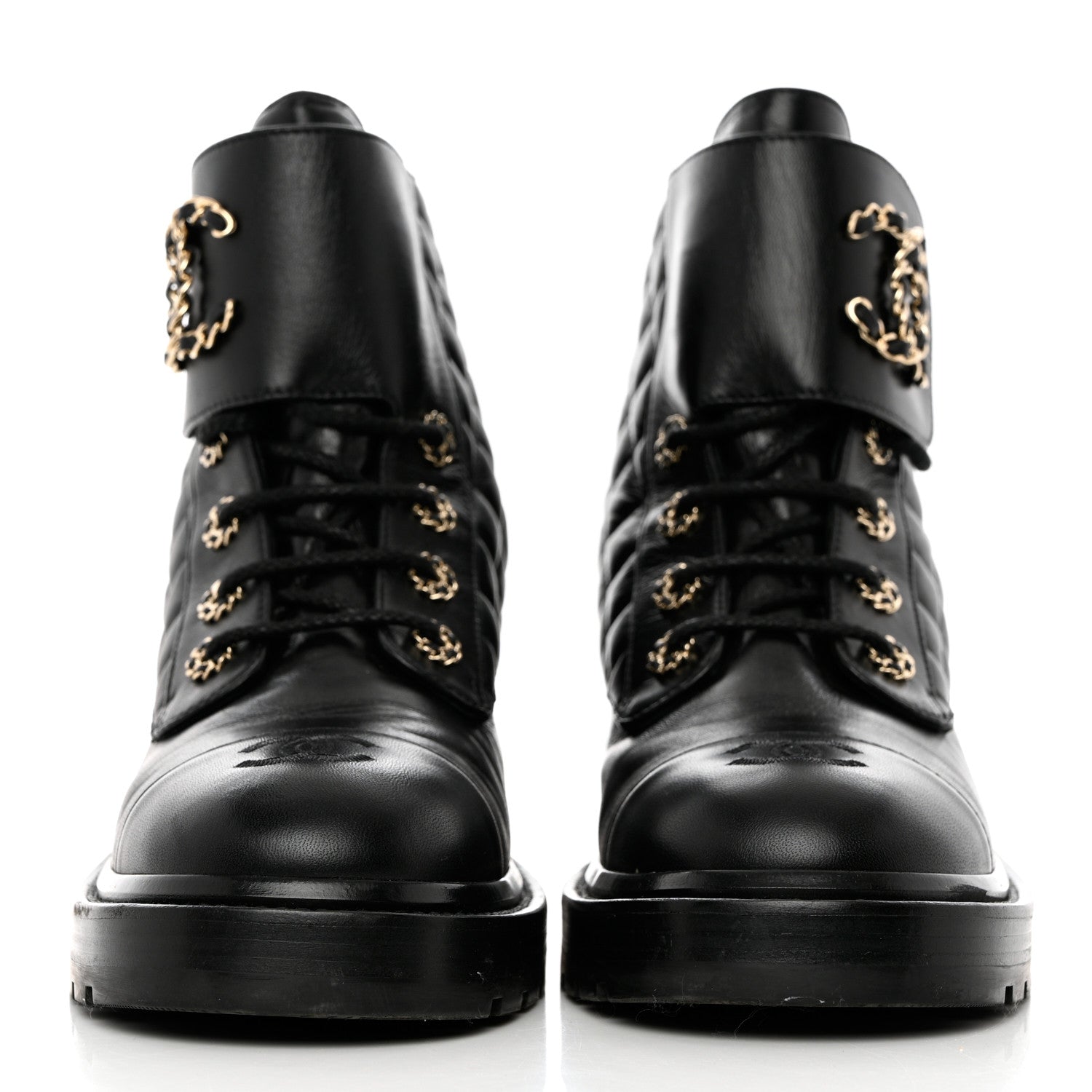 Chanel Shiny Calfskin Quilted Lace Up Combat Boots 41 Black 2 of 9