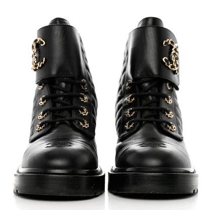 Chanel Shiny Calfskin Quilted Lace Up Combat Boots 41 Black 2 of 9