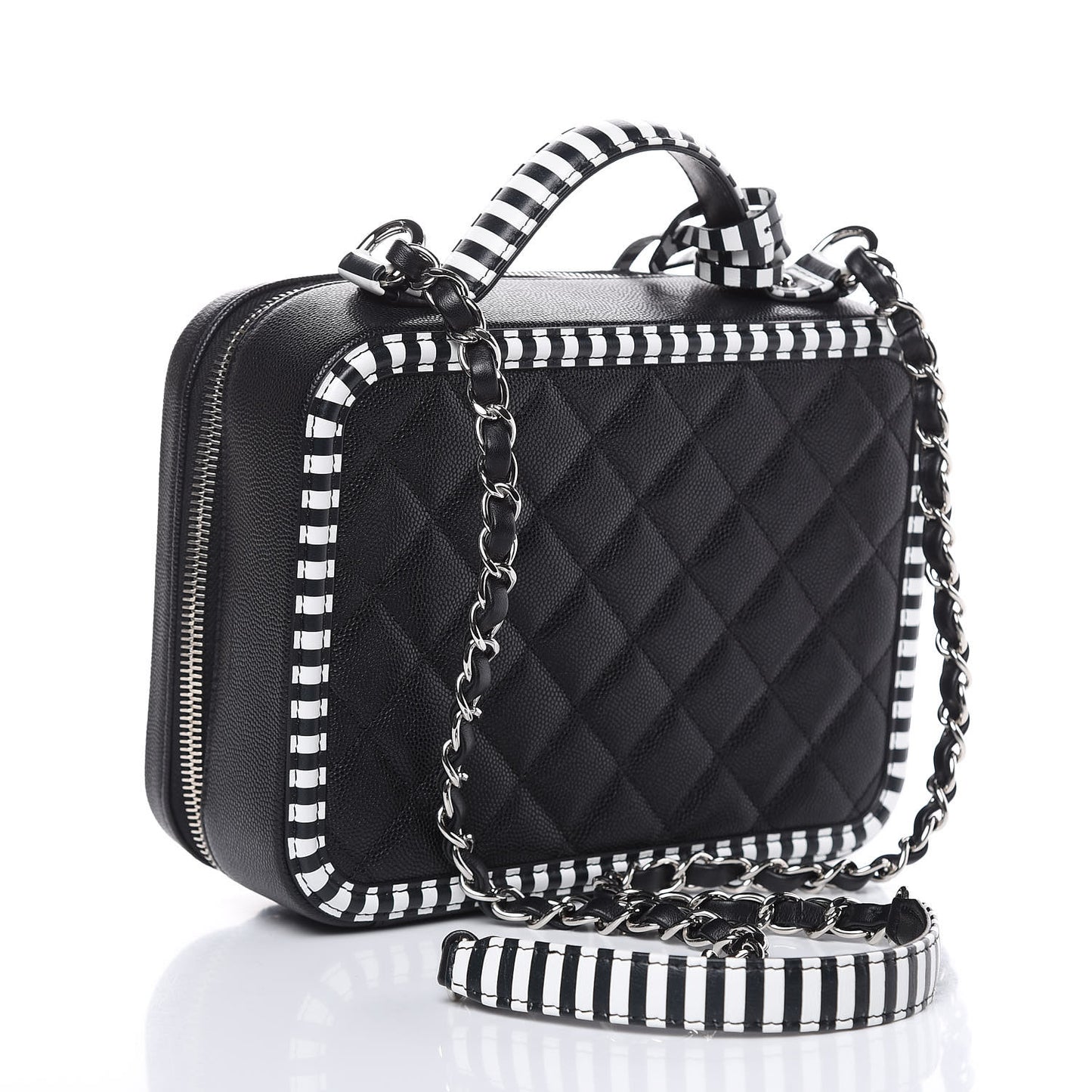Caviar Quilted Striped Medium CC Filigree Vanity Case Black White