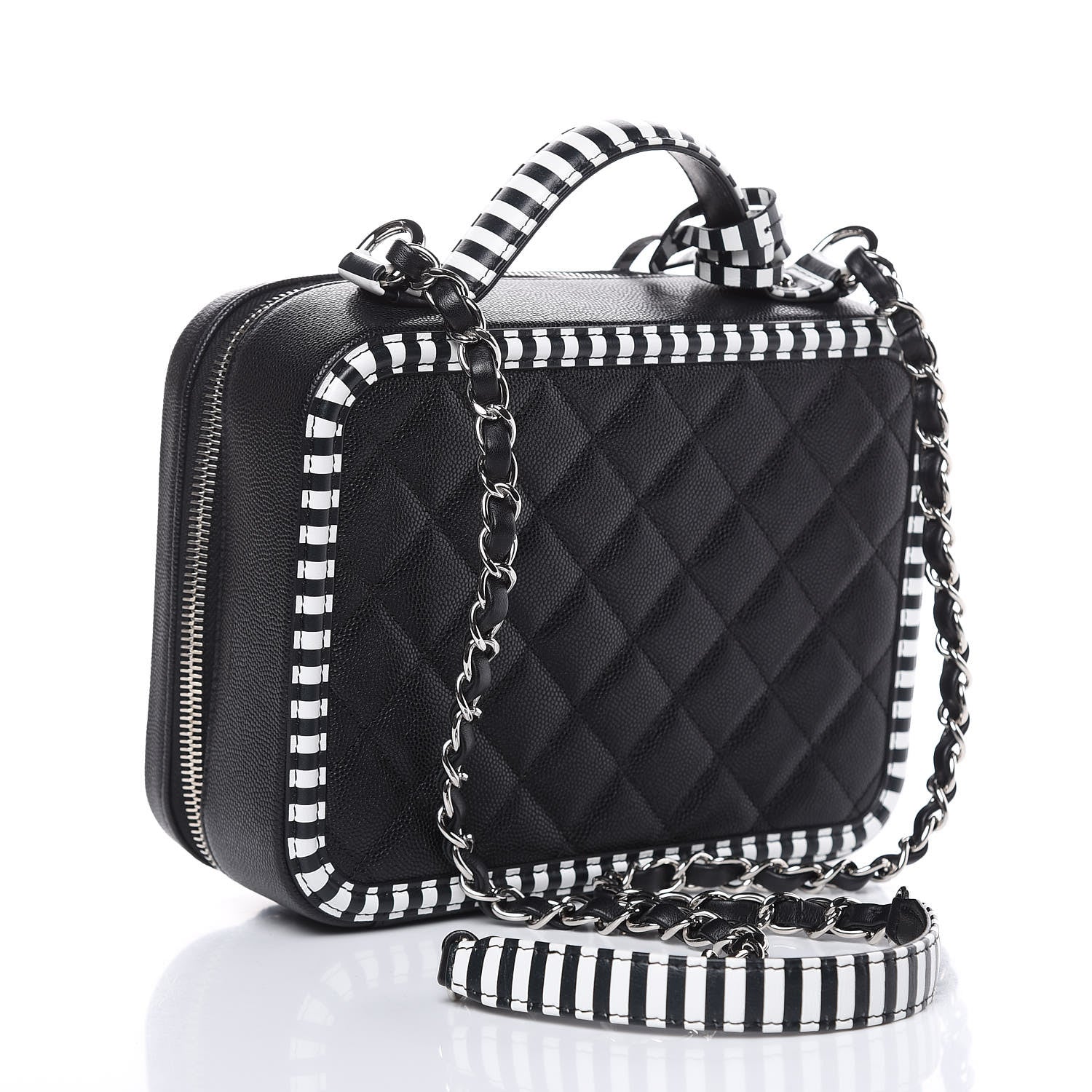 Chanel Caviar Quilted Striped Medium CC Filigree Vanity Case Black White 3 of 8
