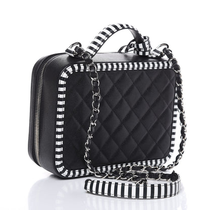 Chanel Caviar Quilted Striped Medium CC Filigree Vanity Case Black White 3 of 8