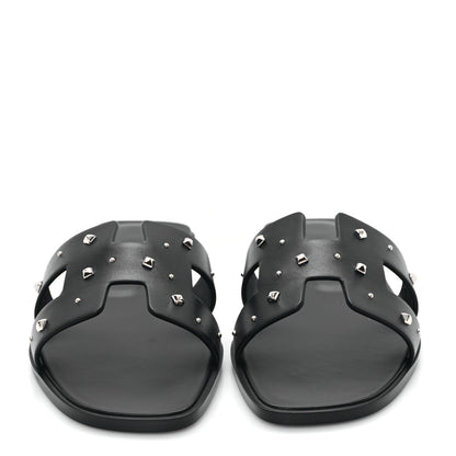 Hermes Calfskin Studded Oran Sandals 37.5 Black 3 of 10