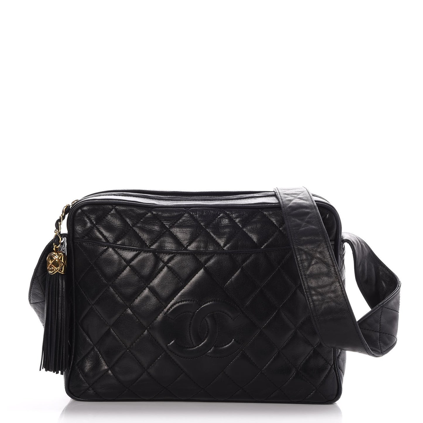 Lambskin Quilted Tassel Camera Case Black