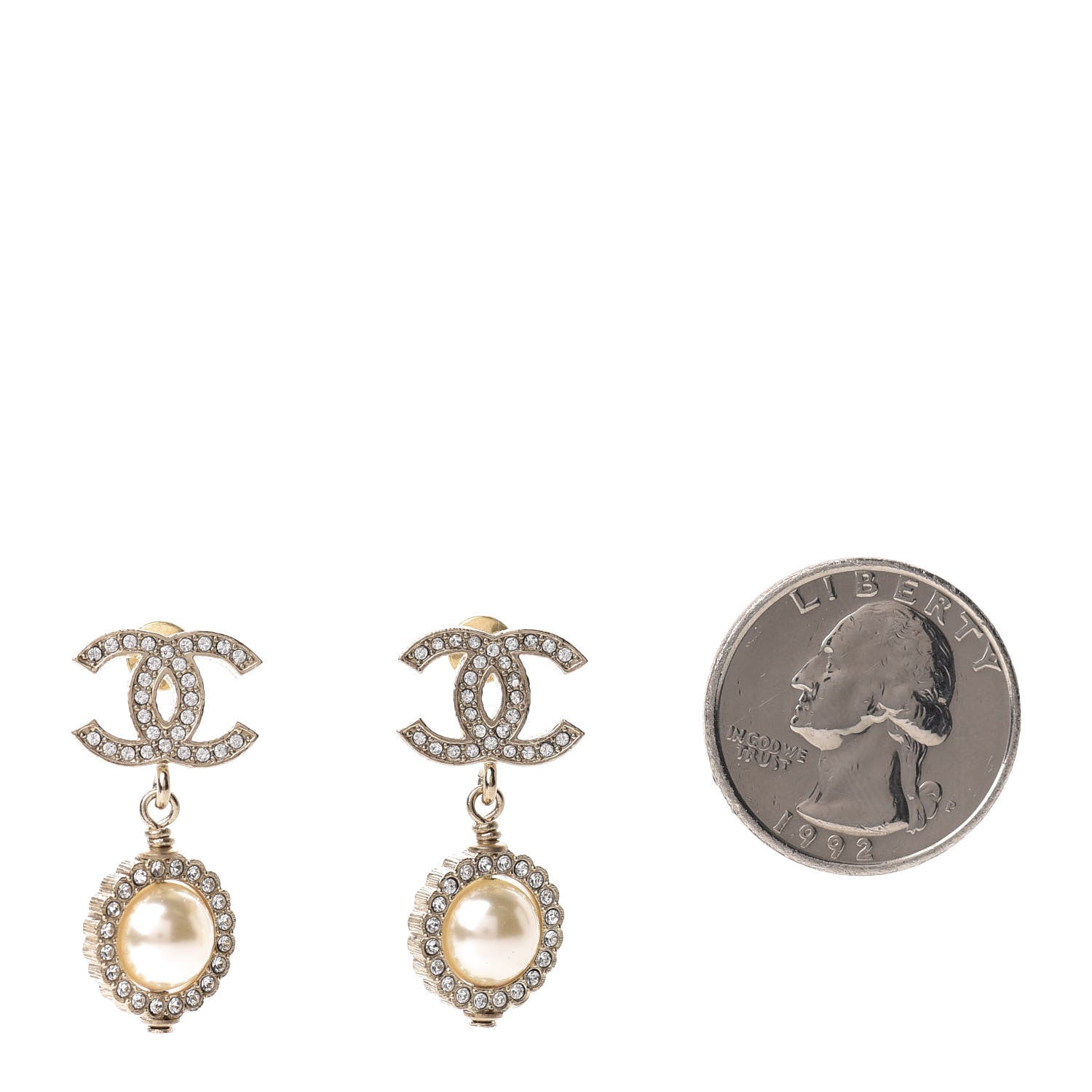 Chanel Crystal Pearl CC Drop Earrings Gold 2 of 5