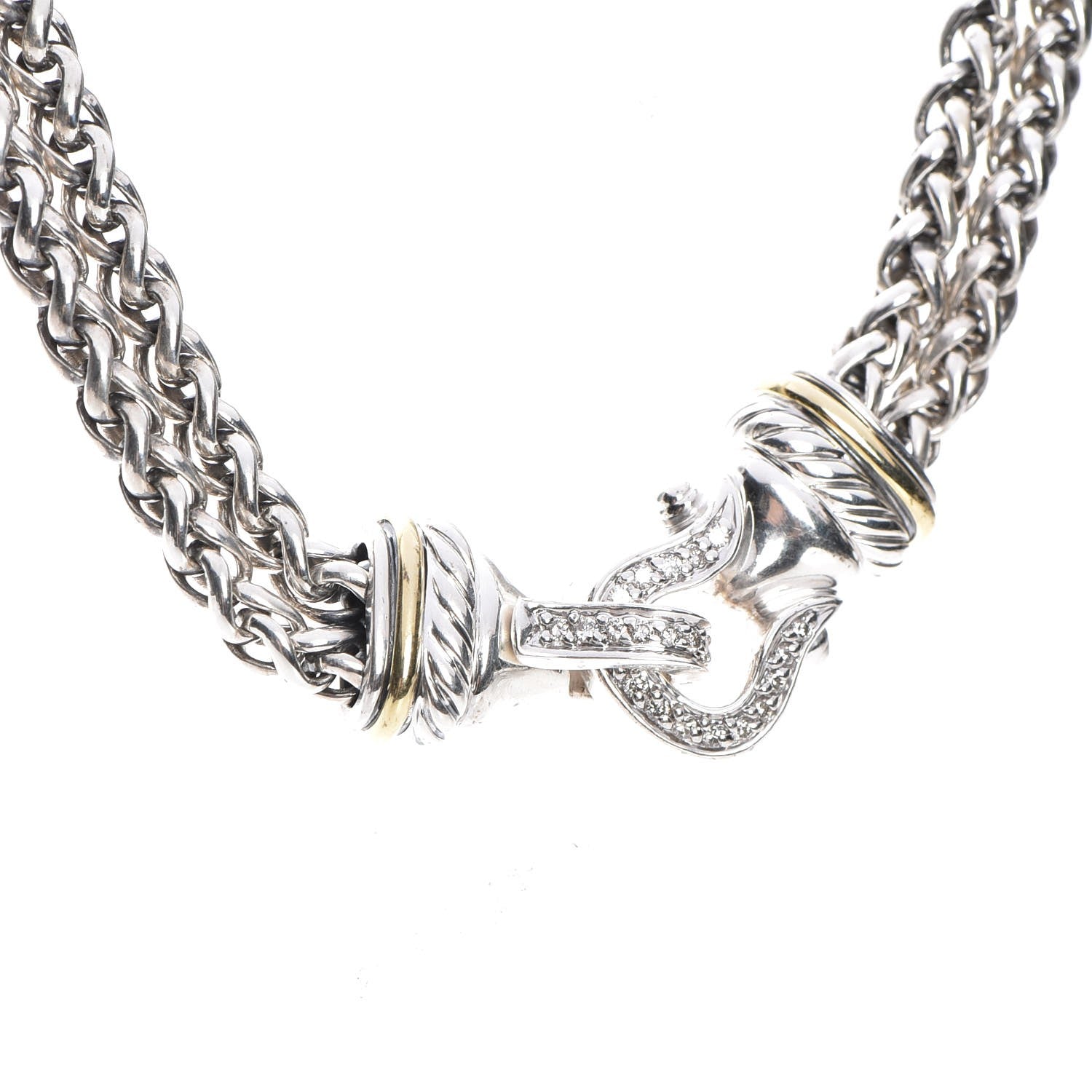 David Yurman Sterling Silver 18K Yellow Gold Diamond Double Wheat Buckle Necklace 4 of 6
