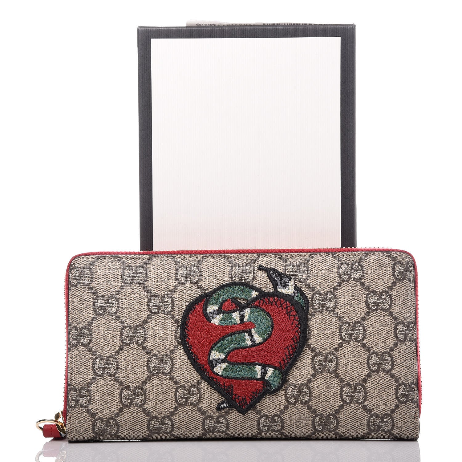Gucci GG Supreme Monogram Kingsnake Heart Embroidered Zip Around Wallet Red 9 of 9