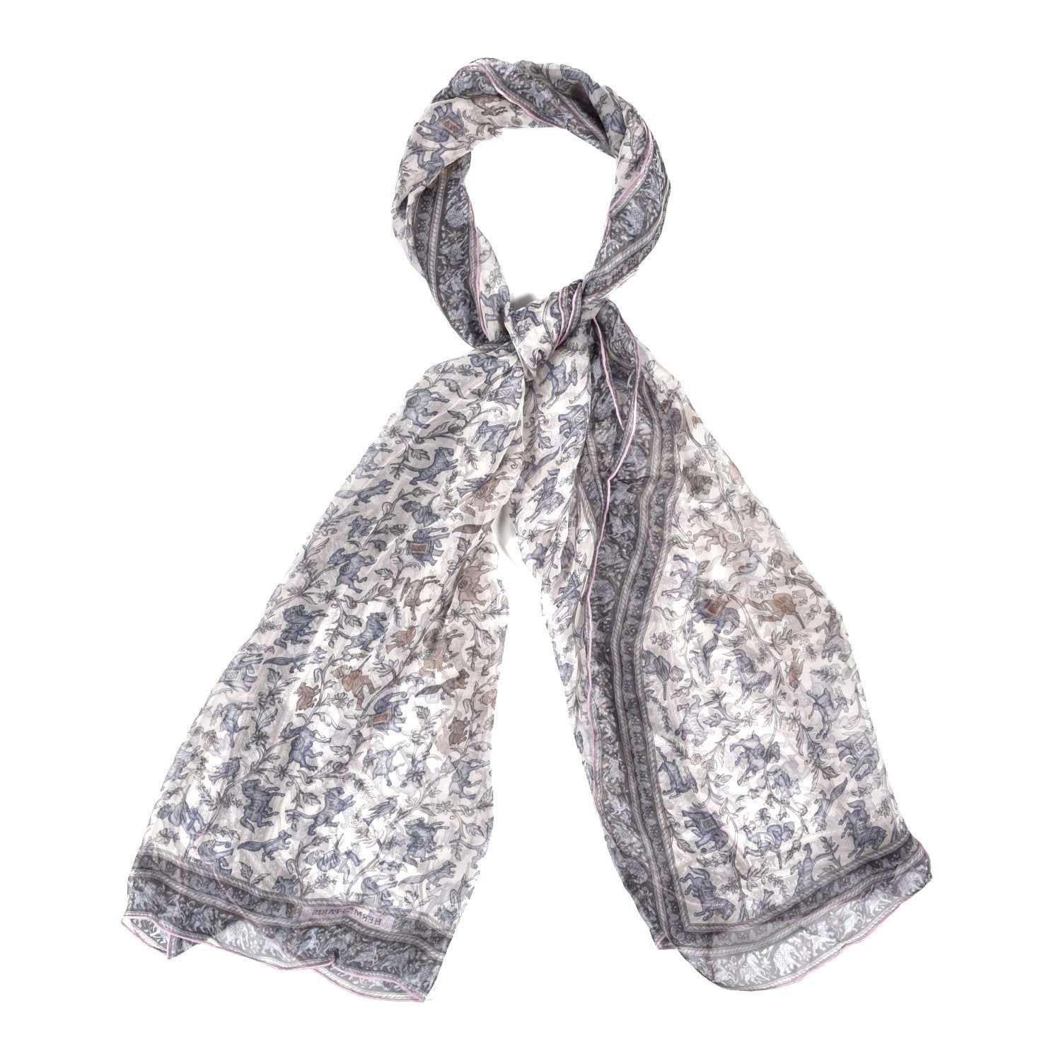 Hermes Silk Mousseline Chasse En Inde Stole Rose The Bleu Jean Mauve 1 of 4