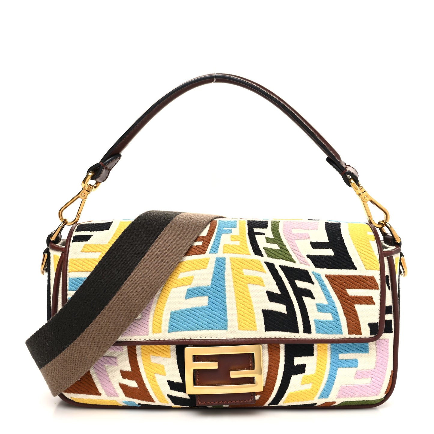 X SARA COLEMAN Canvas Vitello King Seta FF Fish Eye Embroidered Baguette Grezzo Multicolor Ghianda