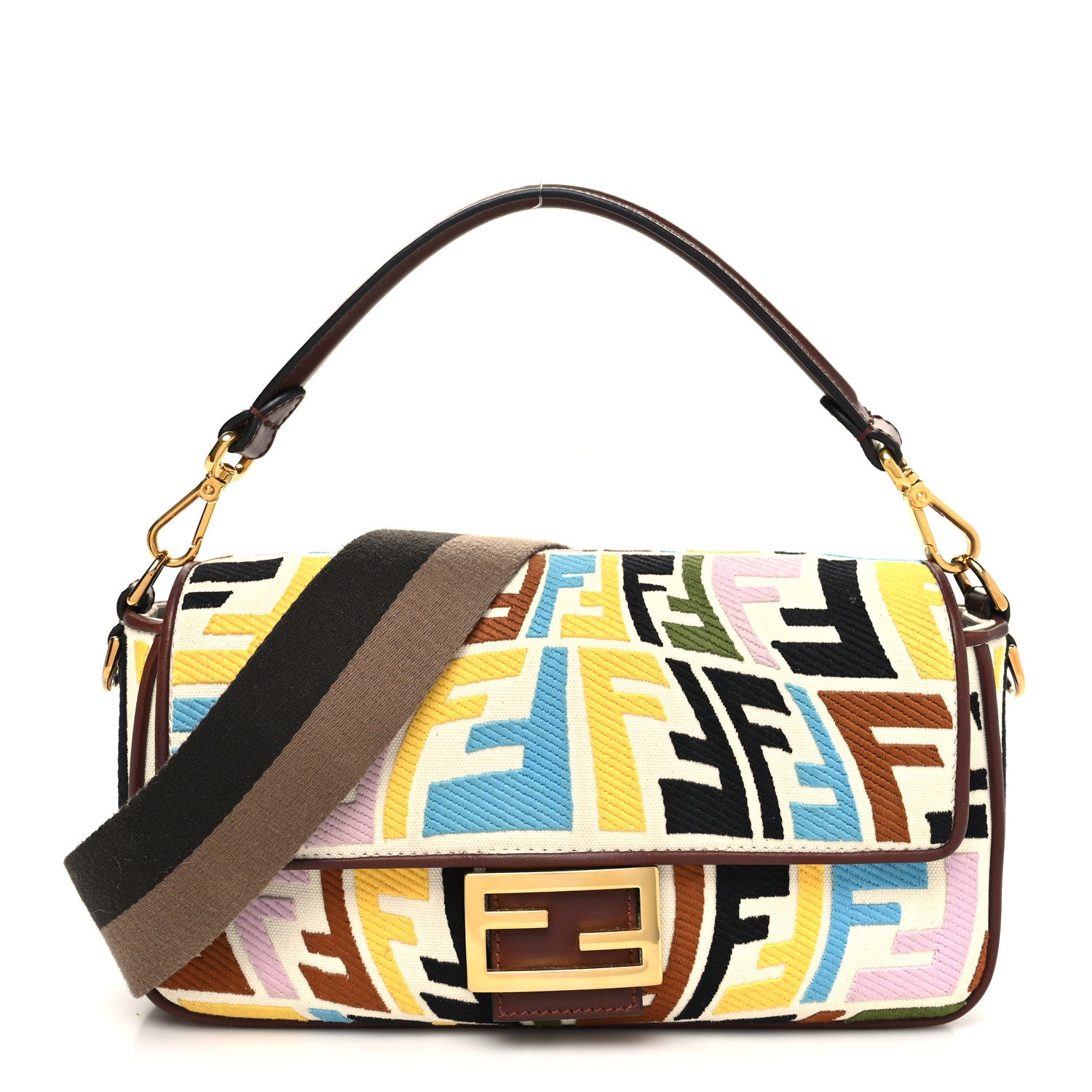 Fendi X SARA COLEMAN Canvas Vitello King Seta FF Fish Eye Embroidered Baguette Grezzo Multicolor Ghianda 1 of 12