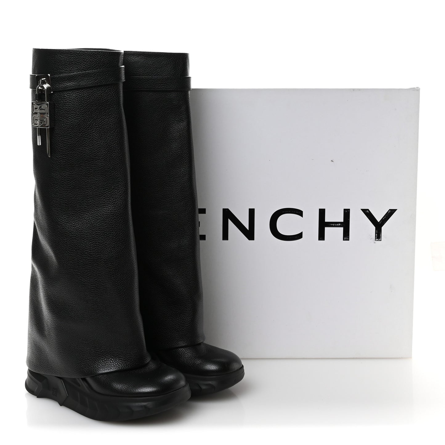 Grained Calfskin Shark Lock Biker Knee Boots 39 Black