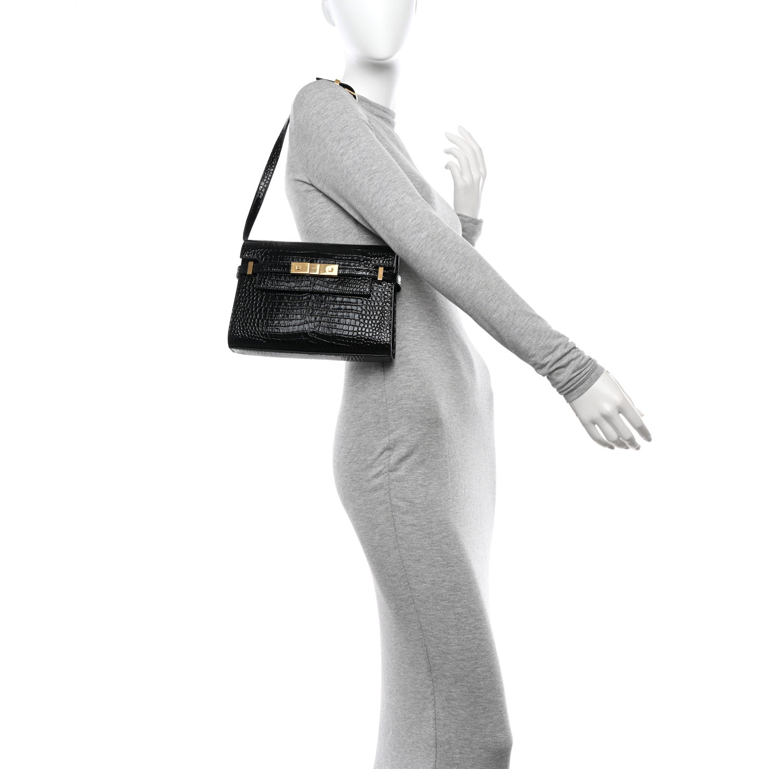 Saint Laurent Shiny Calfskin Crocodile Embossed Small Manhattan Baguette Black 2 of 11