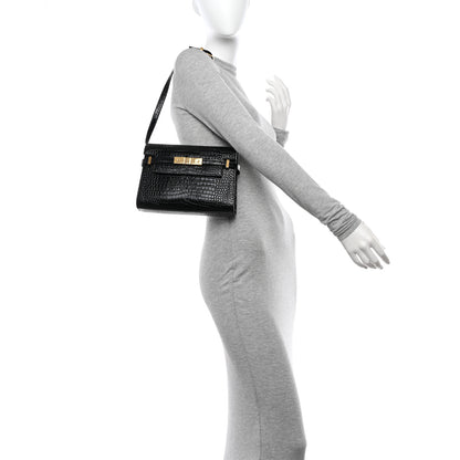 Saint Laurent Shiny Calfskin Crocodile Embossed Small Manhattan Baguette Black 2 of 11