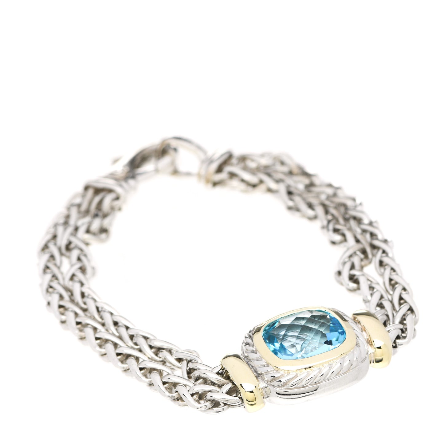 Sterling Silver 14K Yellow Gold Blue Topaz Wheat Chain Bracelet