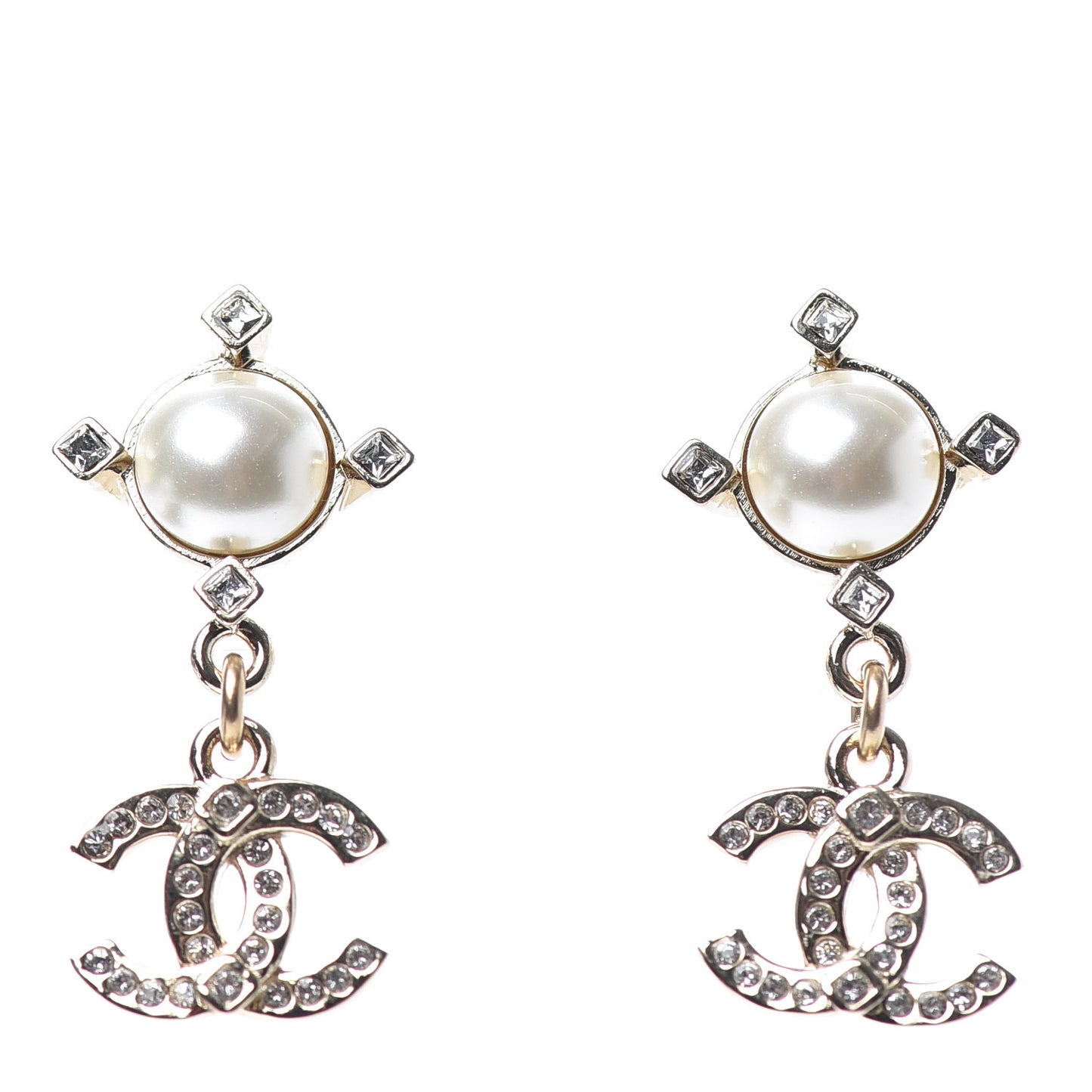 Crystal Pearl CC Drop Earrings Gold
