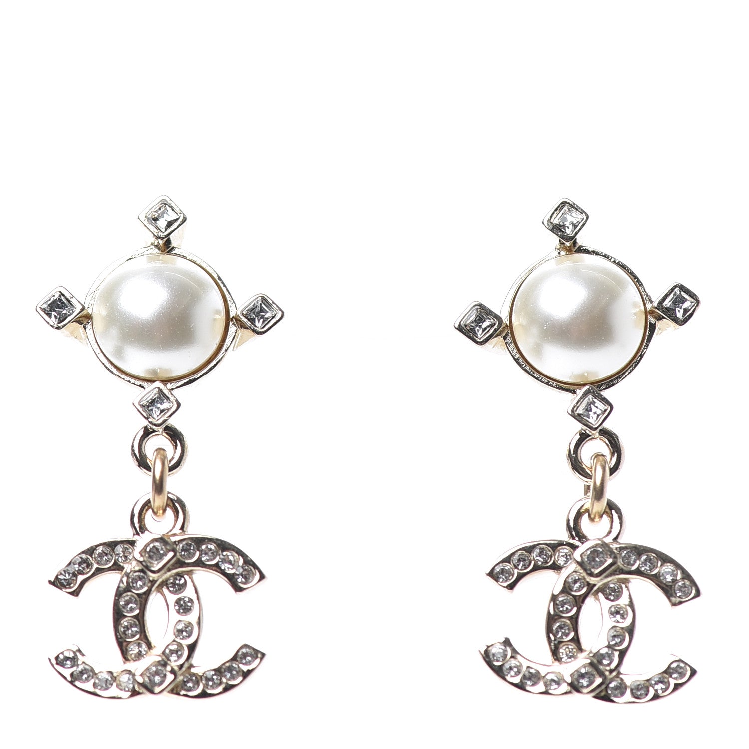 Chanel Crystal Pearl CC Drop Earrings Gold 1 of 4