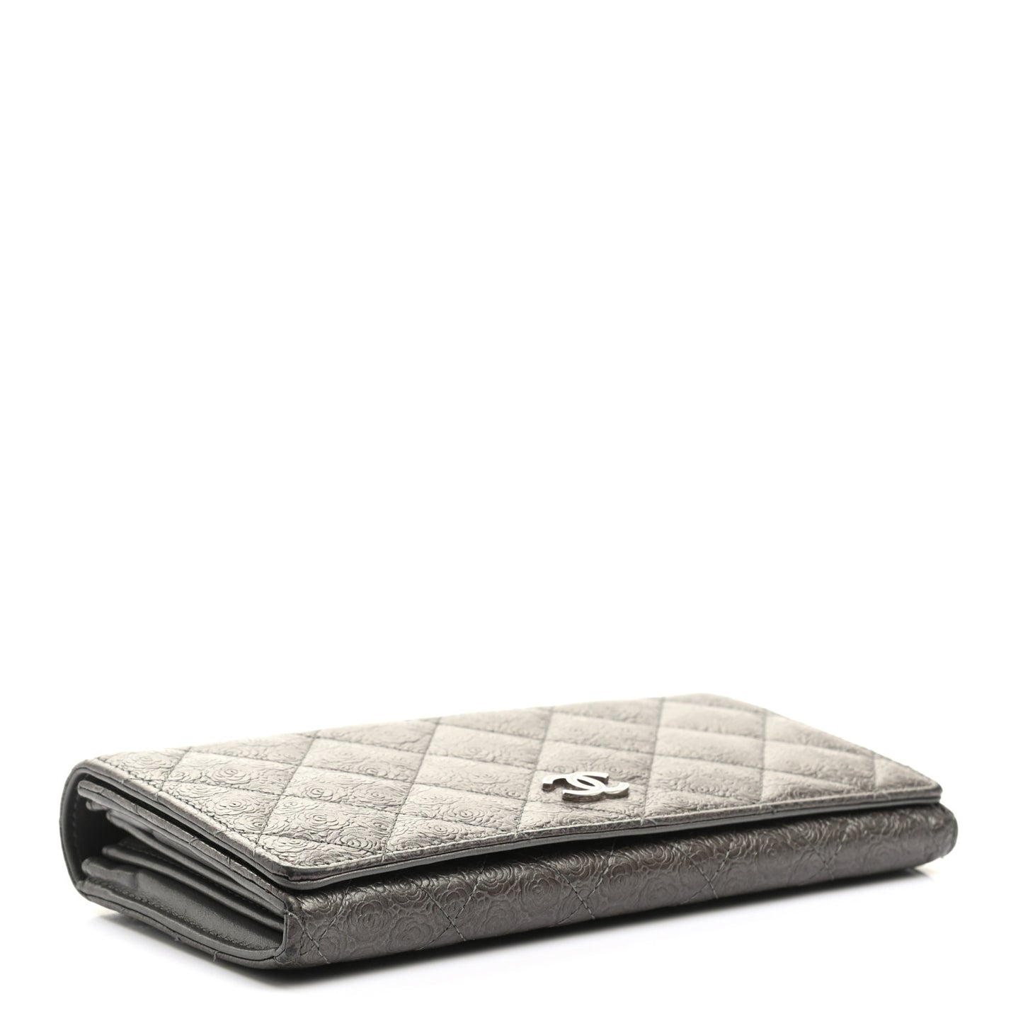 Metallic Camellia Calfskin Embossed Quilted Yen Wallet Grey