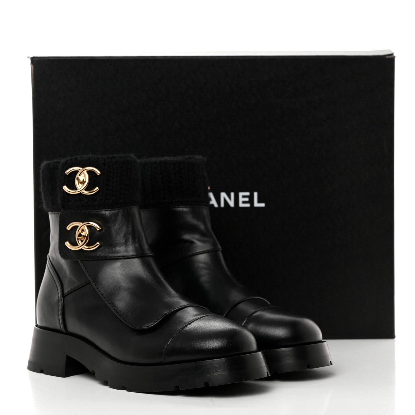 Calfskin Knit CC Short Boots 36.5 Black