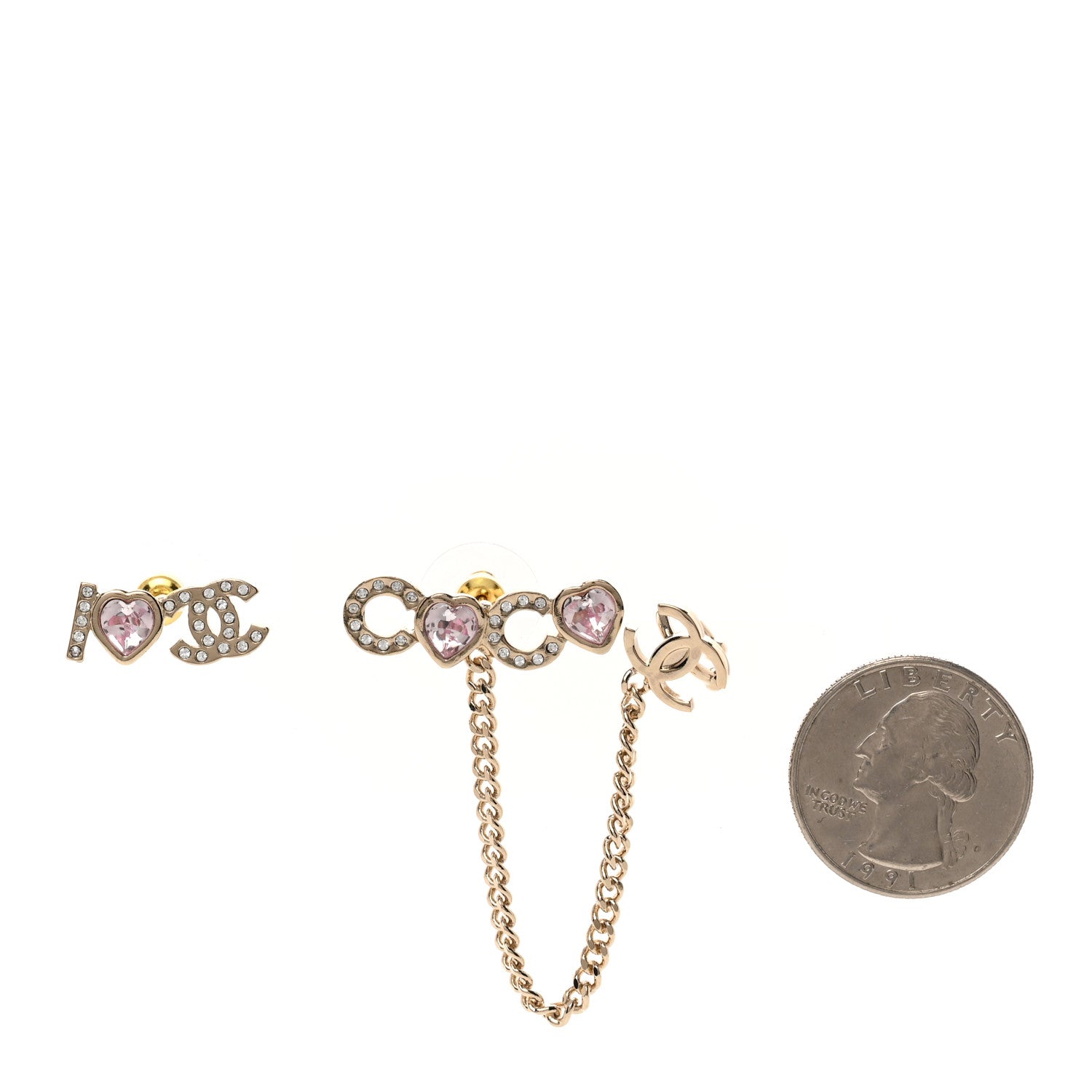 Chanel Metal Strass I Love Coco Heart Chain Climber Earrings Gold Pink 2 of 5