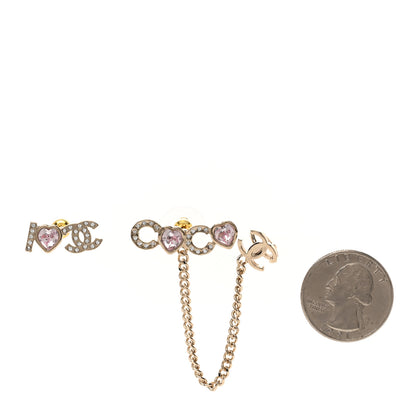 Chanel Metal Strass I Love Coco Heart Chain Climber Earrings Gold Pink 2 of 5