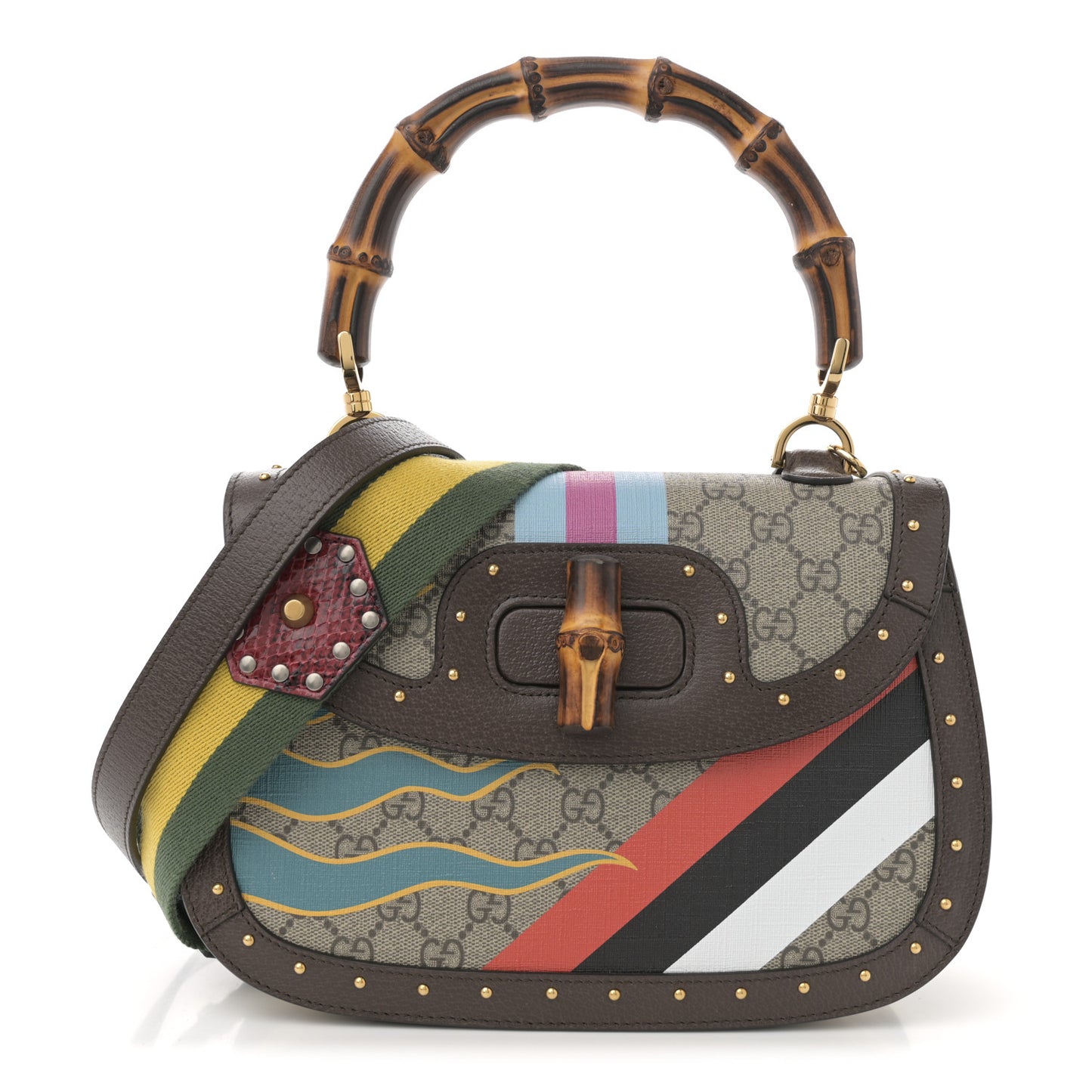 GG Supreme Monogram Studded Calfskin Centum Medium Bamboo 1947 Top Handle Bag Beige Ebony Multicolor