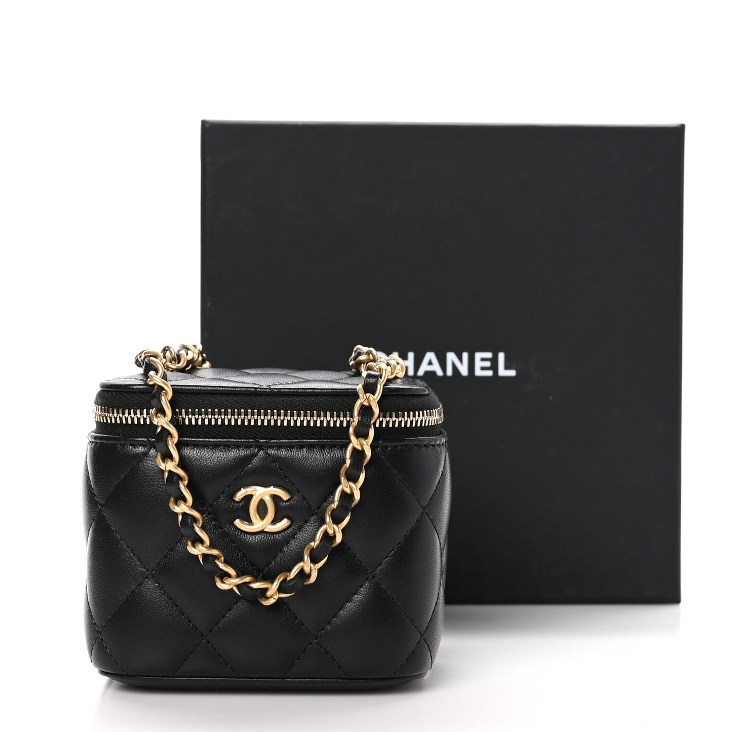 Lambskin Quilted Mini Pearl Crush Vanity Case With Chain Black